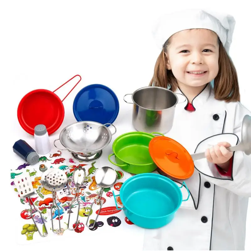

17Pcs Play Kitchen Accessories Kids Chef Set For Real Cooking Pretend Cooking Utensils Toys For Kids Real Cookware Pots And Pans