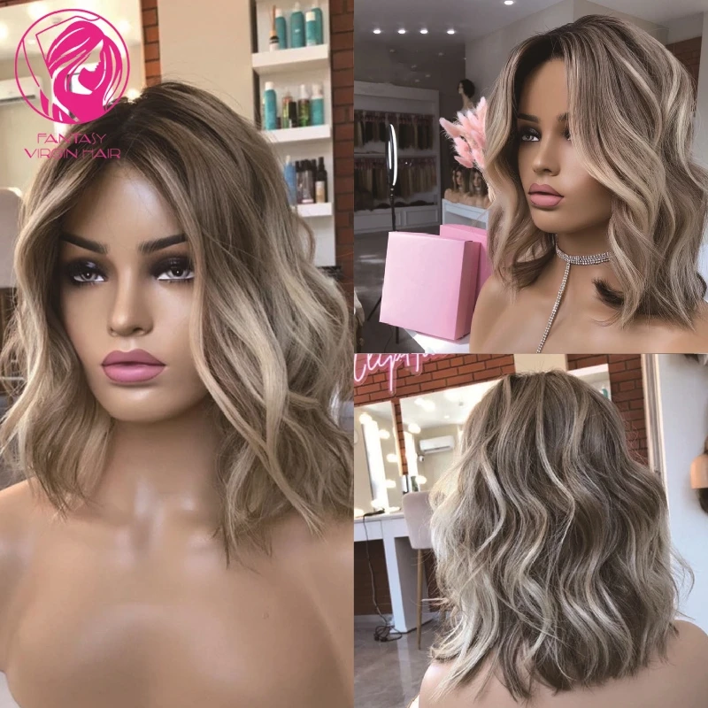 Balayage Highlight Wigs For Women Real Human Hair 13x4 Lace Frontal Wig Ash Brown With Light Blonde Highlights Natural Wave