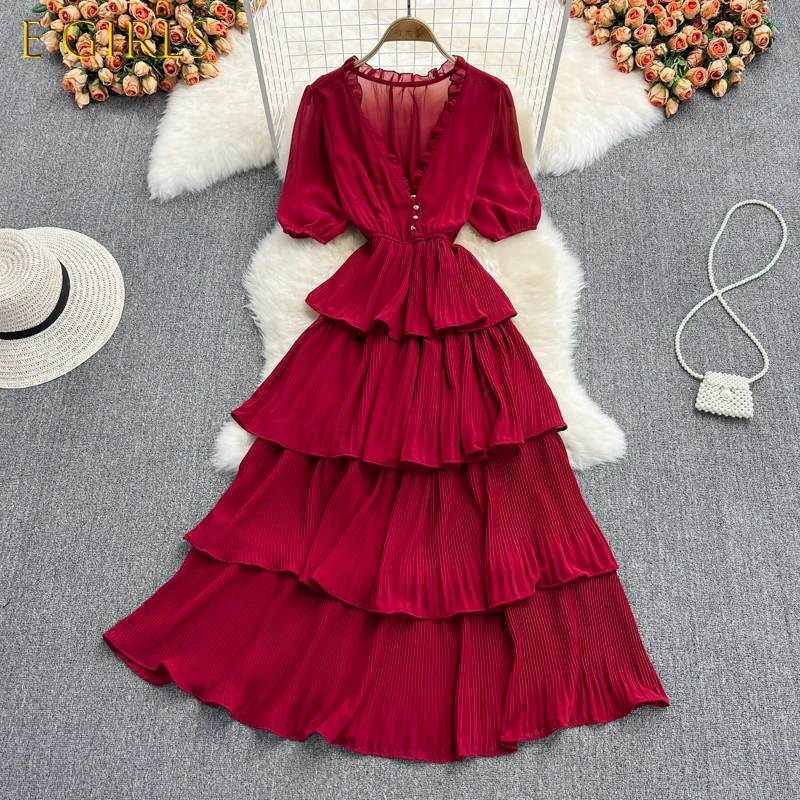 

E GIRLS Aibeautyer New Spring Autumn Casual Solid Slim Button Lady Dress A Line V Neck Chiffon Pullover Mid-Calf Women Dresses