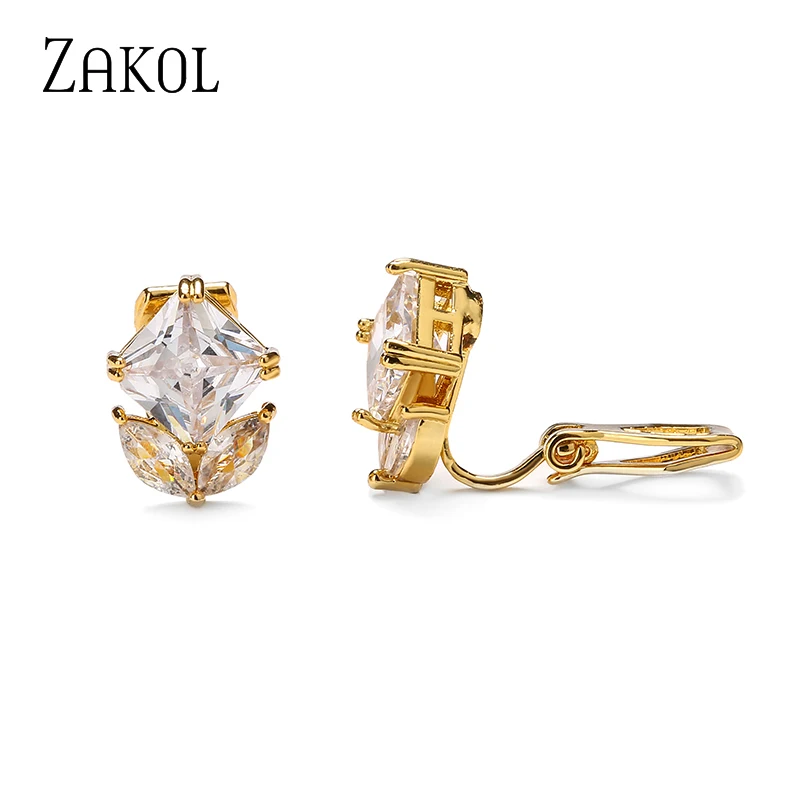 

ZAKOL Simple Square Cubic Zirconia Clip Earrings for Women Girls 3 Colors Cute No Pierced Earring Wedding Party Jewelry