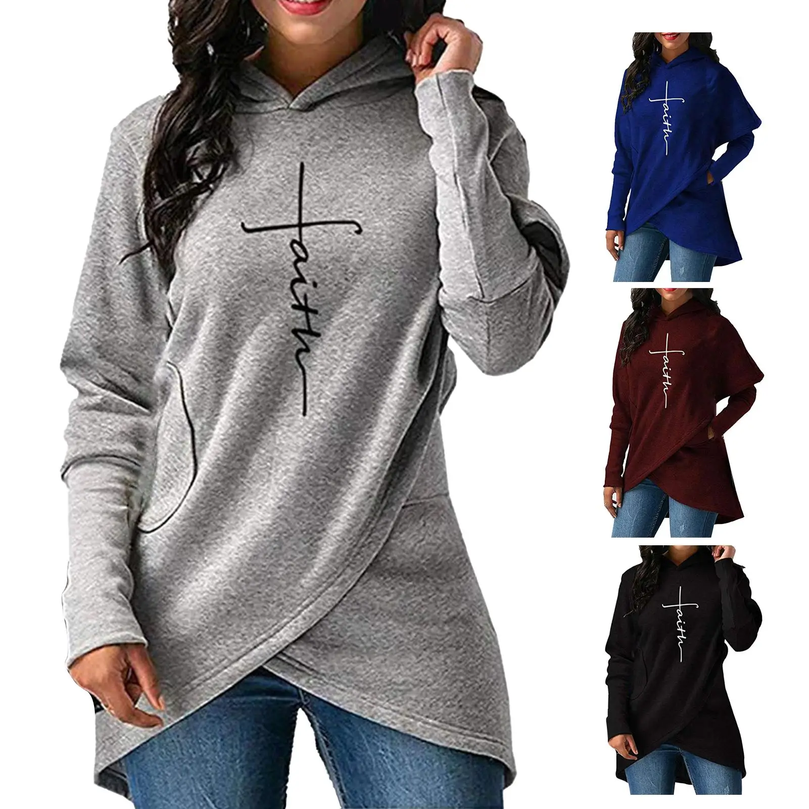 Women's Pullover Sweater Embroidered Pullover Sleeve Style Collar 2022 Fall/Winter Women's Fashion Irregular Hem Hooded Sweater