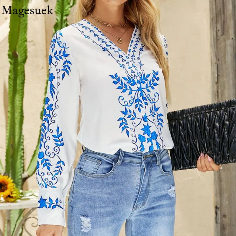 

Винтажная блузка с цветочным принтом, Новая повседневная рубашка в национальном стиле с V-образным вырезом, свободная элегантная женская одежда с длинным рукавом, топы, блузы 22215