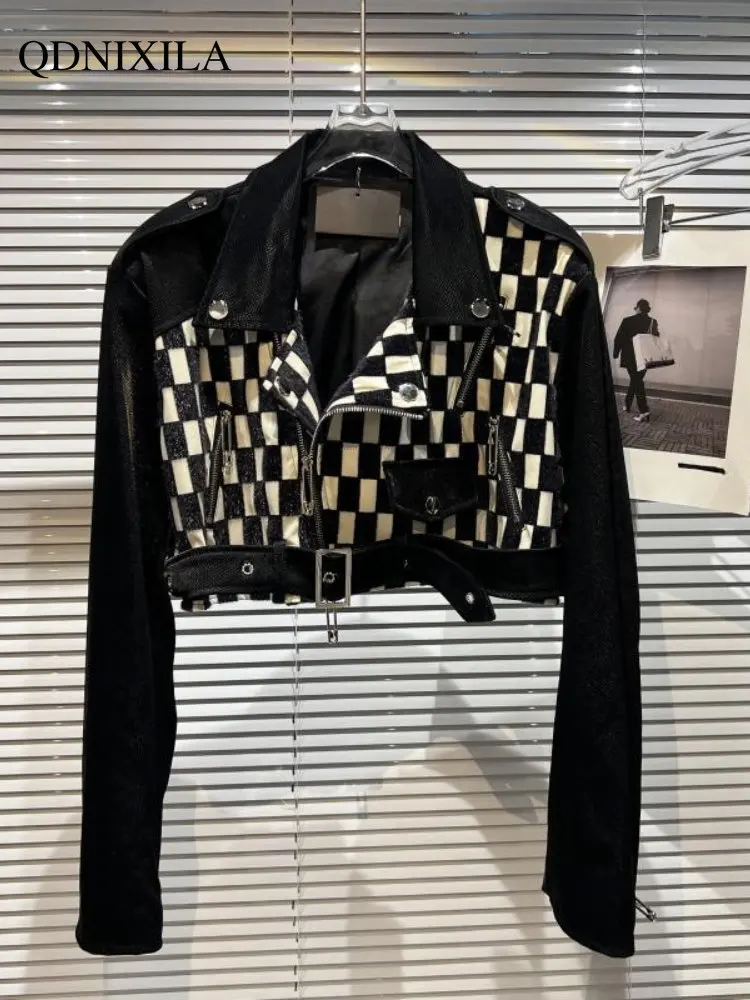 2023 Spring Jacket Women Y2k Black-and-white Plaid Contrast Stitching PU Leather Jacket Women New Outerwear Top Women UltraShort