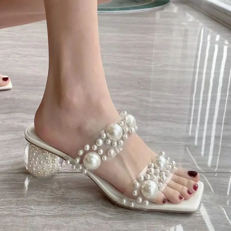 

Новинка 2023, женские блестящие туфли FHANCHU, модные летние туфли на каблуках, обувь принцессы с кристаллами, без застежки, для ношения на улице, белые, Прямая поставка