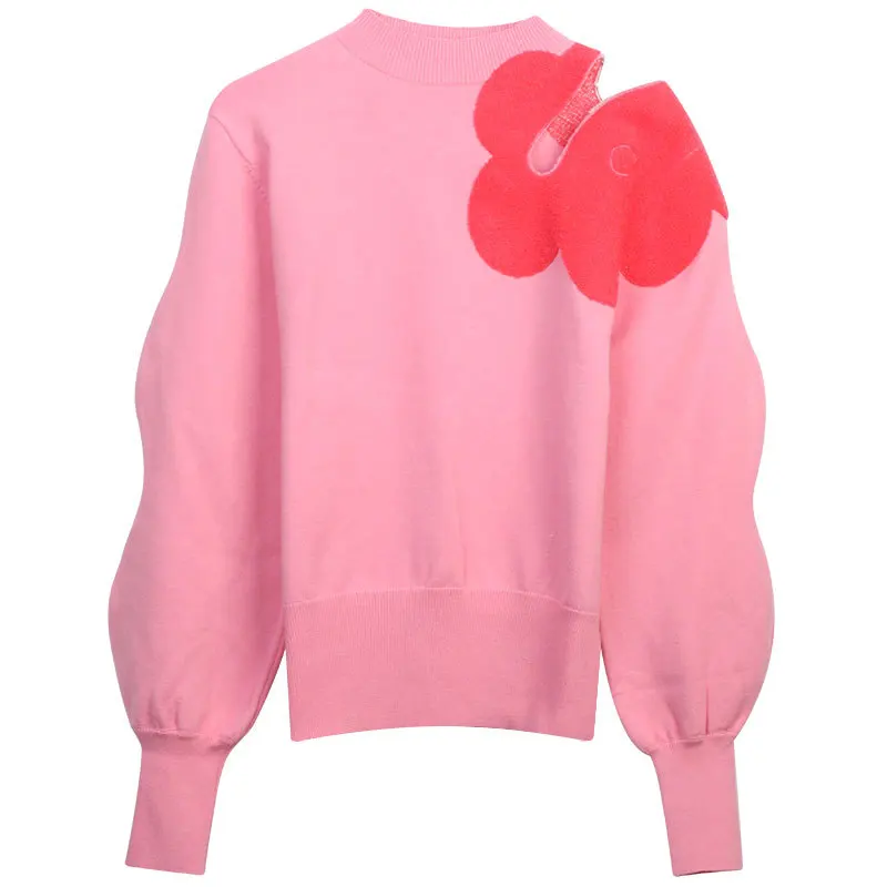 

Spring 2023 New Fashion Retro Women Sweater Three-Dimensional Flower Pink Pullover Baggy Sweet Knitwear Mujer