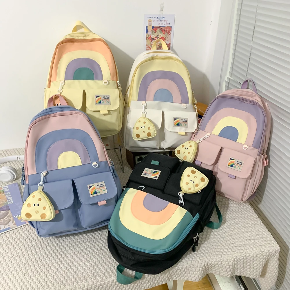 

Fashion School Books Bags College Student Bookbag Casual with Pendant Large Capacity Cute Multi-pockets Bag for Teenage Girls
