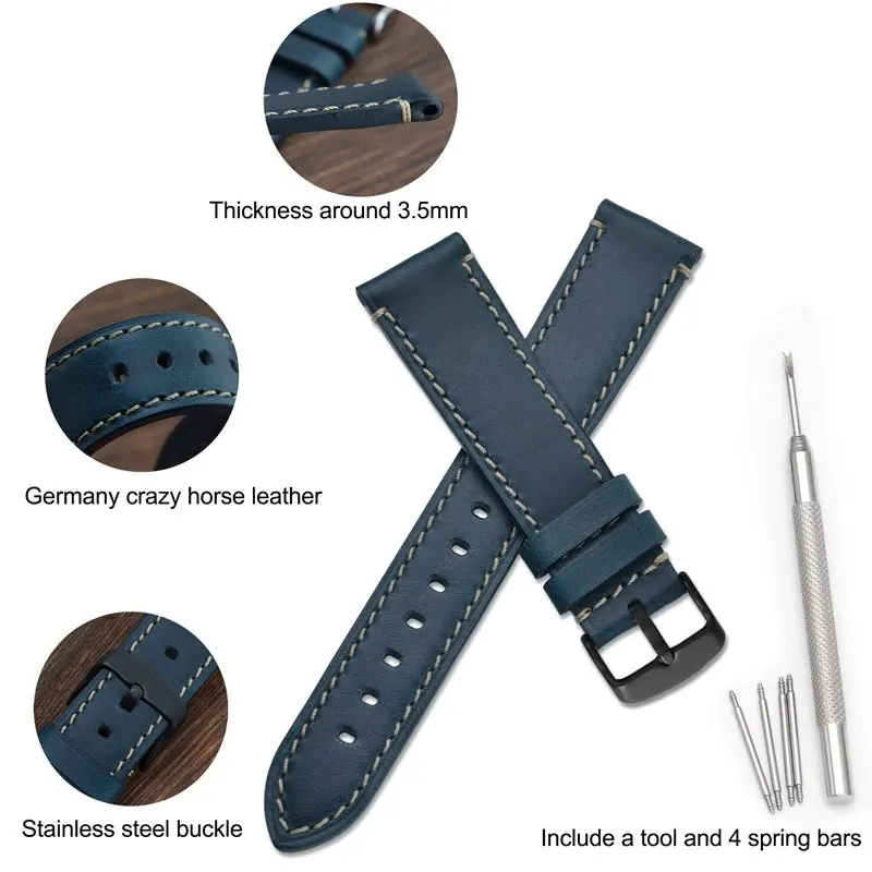 WOCCI Handmade Watch Band Men Genuine Leather Watch Strap 18mm 20mm 22mm 24mm Watchbands Bracelet Replacement Black Watch Buckle