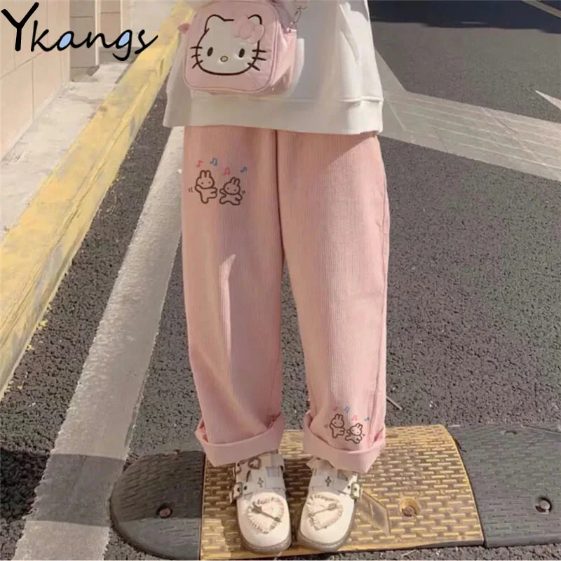 Women's Casual Baggy Cartoon Korean Fashion Corduroy Pants Harajuku Streetwear Kawaii Pink High Waist Leg Sweat Trousers Female