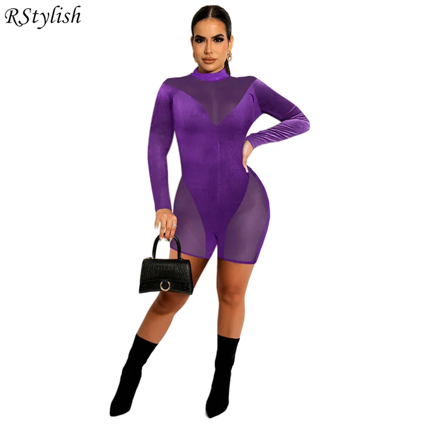 

RStylish Y2k Jumpsuit 2022 Autumn Night Clubwear Jumpsuits Sheer Mesh Patchwork Long Sleeve Women Rompers Bodycon Sexy Playsuits