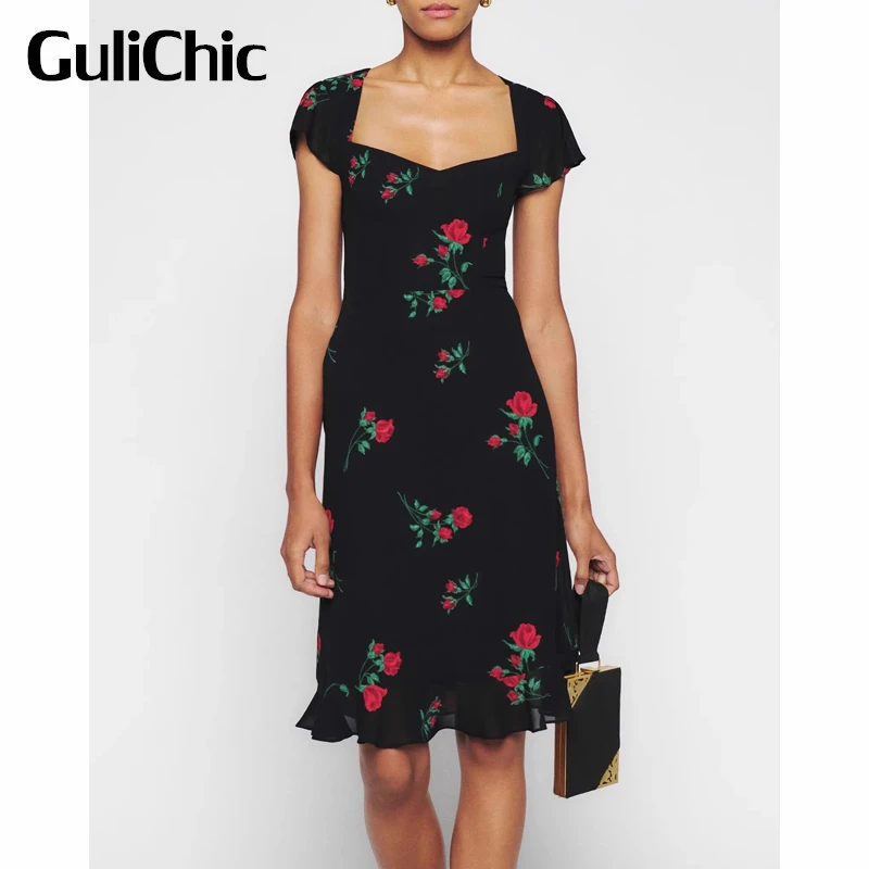 

6.24 GuliChic Women Elegant Temperament Floral Print Square Collar Short Sleeve Hollow Out Slim Ruffle Dress