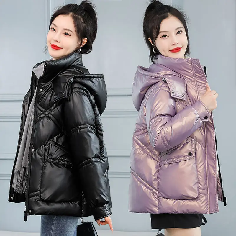 Winter Short Fashion Parkas Women 2023 New Loose Jacket Hooded Parka Warm Glossy Cotton Padded Casual Outwear Female C26