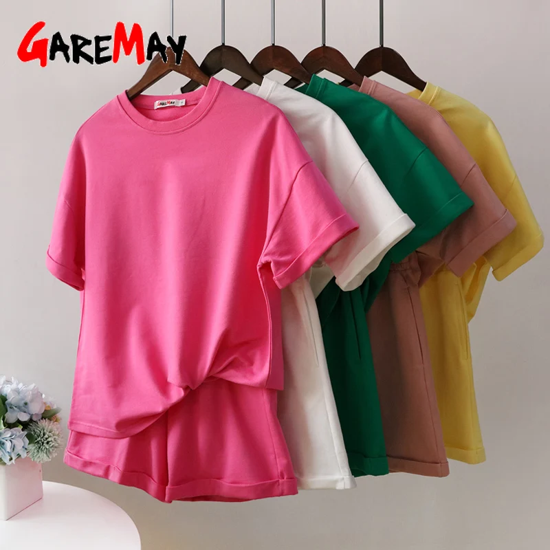 Зеленый костюм шорты с футболкой для женщин и топ свободные большие 100% хлопок