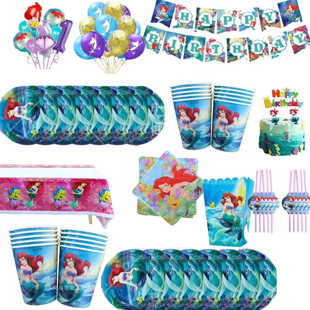 

Русалочка Ариэль, украшения на день рождения, баннер на день рождения, набор одноразовой посуды, детская вечеринка, аксессуары