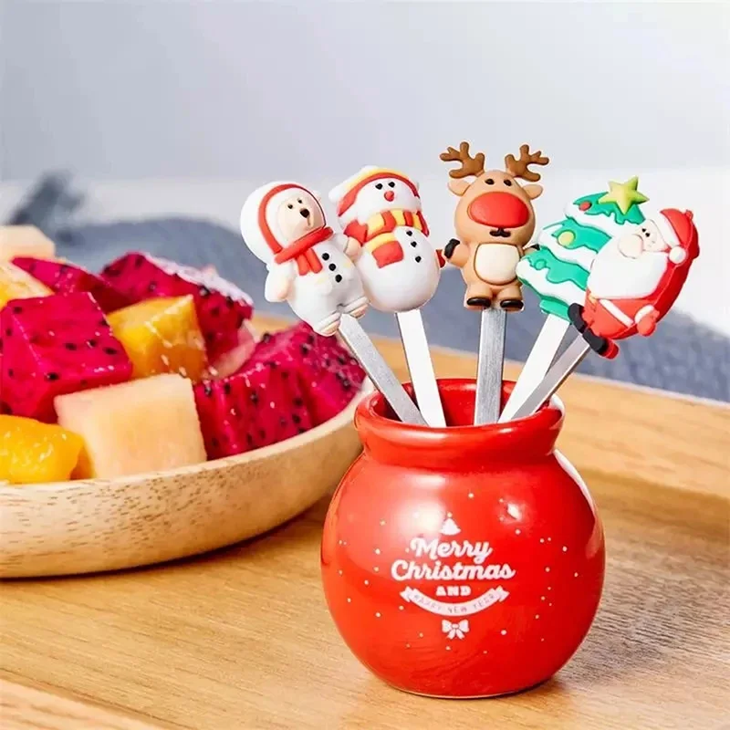 

5Pcs/Set Christmas Fruit Fork Stainless Cartoon Santa Claus Salad Stick Dessert For Party Decoration Accessories Vegetable Forks