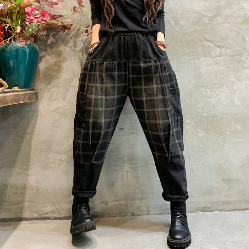 New Arrival 2022 Spring Autumn Arts Style Women Elastic Waist Patchwork Print Loose Jeans Vintage Cotton Denim Harem Pants V919 |