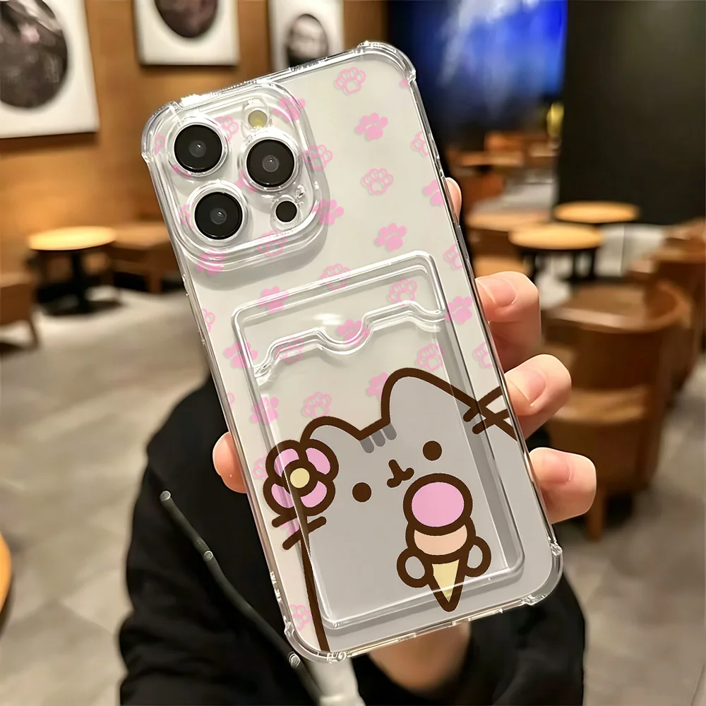 Фото Милый чехол с котиком Пушином и держателем для карт для iPhone 18 17e 17 16e 16 15 14 13 12 11 Mini Pro Max X XR XSMax 7 8 Air Plus, прозрачный чехол. №2