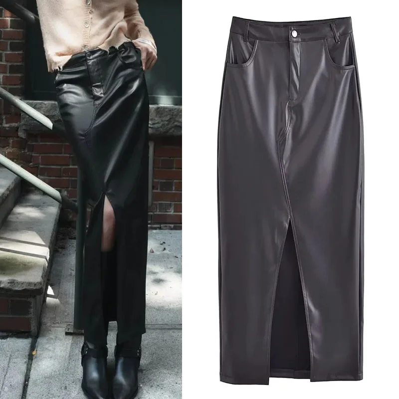 

Юбка-миди черная кожаная с завышенной талией и разрезом на подоле