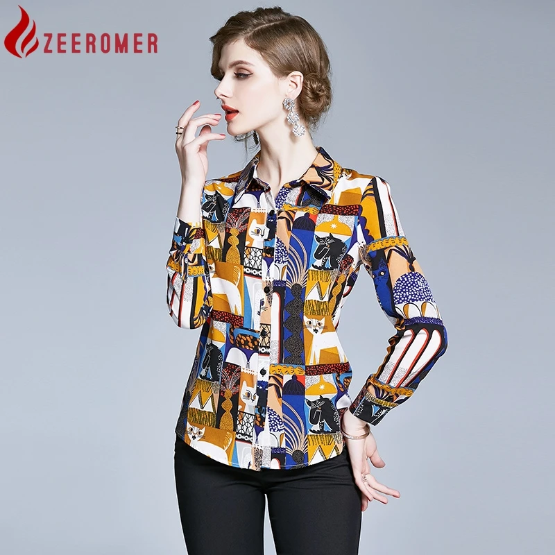 

Женская модельная блузка с длинным рукавом, элегантная однобортная рубашка с отложным воротником и принтом, весна-лето 2023