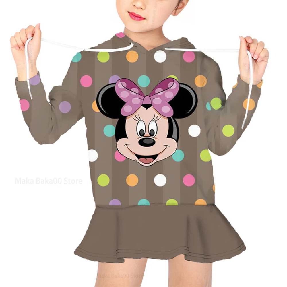 

2022 New Disney Autumn Winter Girls Short Sweater Dress Mickey and Minnie Print Hoodie Sweater Casual Cartoon Girls Clothing