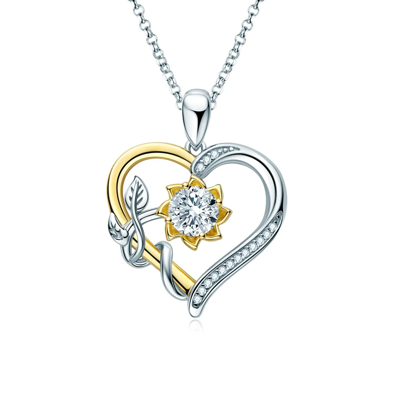 KUGG Real 1.0 Carat Moissanite Heart Pendant Round Cut Sunflower Diamond Necklace Women's Accessories Silver 925 Jewelry