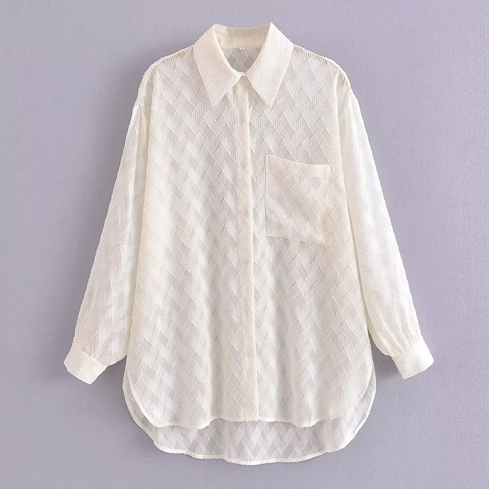 

PB&ZA Women's Blouse Spring Solid Loose Elegant Shirt Single Breasted Translucent Female Top Office Lady Simple Bottoming Shirt