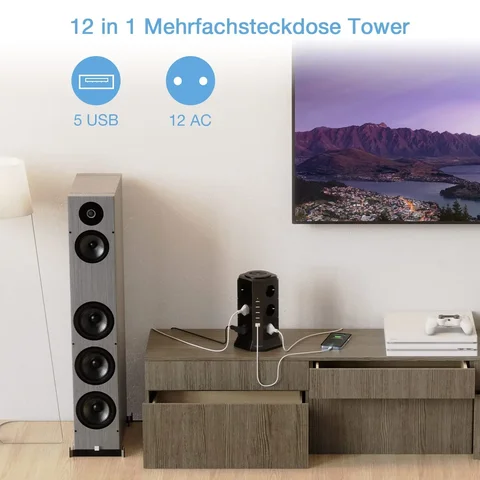 TESSAN Башенный удлинитель 12 розеток + 5 USB