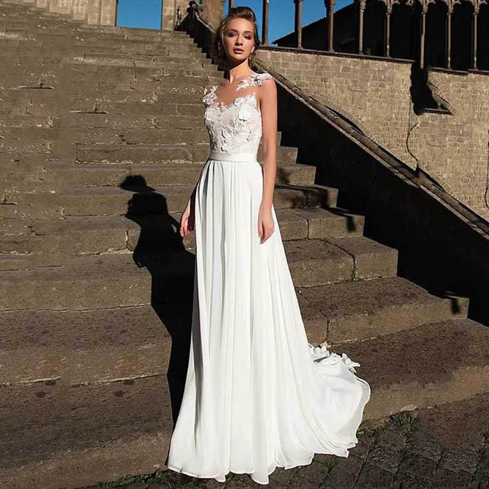 

2022 Chiffon Beach Wedding Dress Scoop Neck Flowers Boho Bridal Dress Sexy See Through Wedding Gowns gelinlik