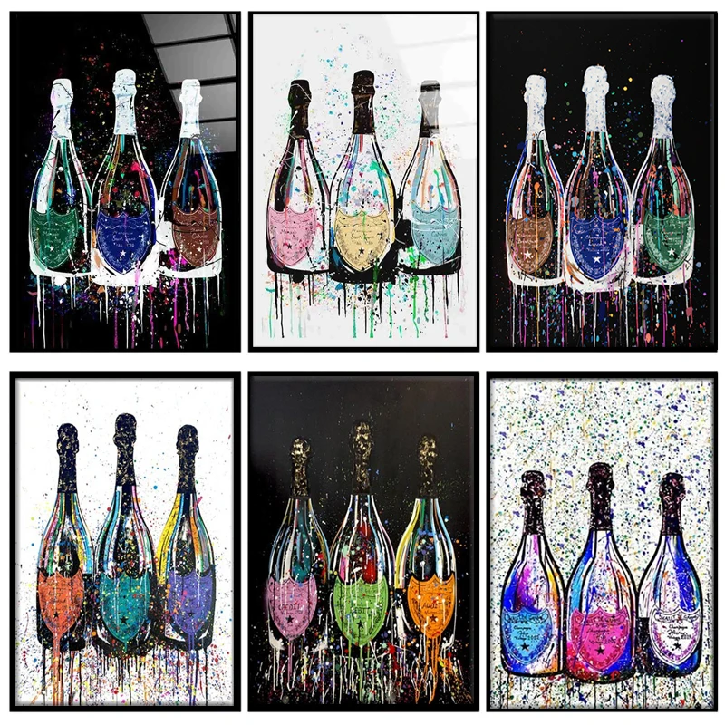 

Красочный поп-арт бутылка шампанского Холст Картина скандинавские плакаты и принты настенное искусство картины на холсте современный бар ...