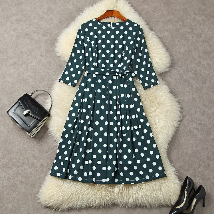 European and American women's wear autumn 2022 new styles 7 minutes of sleeve Round collar polka dot print lace-up fashion dress