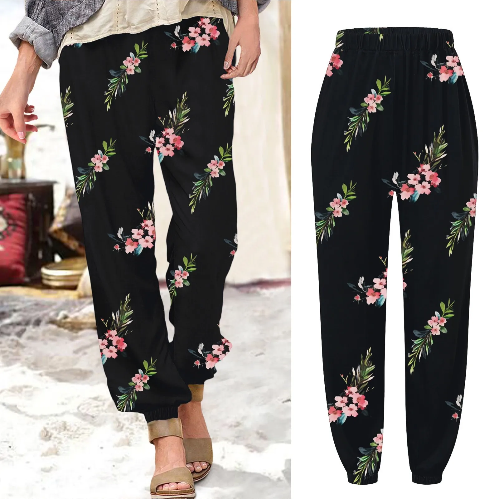 

Women Floral Printed Boho Trousers Loose Lace-Up Waist Long Pants With Pockets Daily Summer Spring Fall Pencil Pant Streetwear