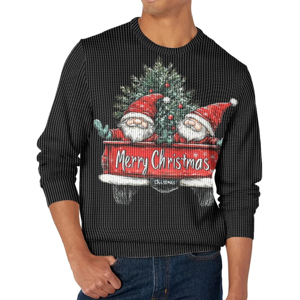 Plus Adult‘s Sweater Pattern Pullover Christmas Tree and Santa Claus Print Round Neck Autumn Winter