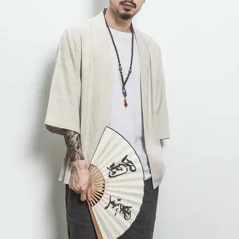 Куртка мужская из хлопка и льна, модная повседневная рубашка в японском стиле, Открытый Топ с стежками, большие размеры 5XL, на лето