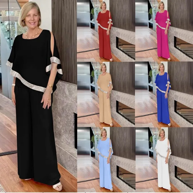 Женский брючный костюм с рукавом летучая мышь и блестками