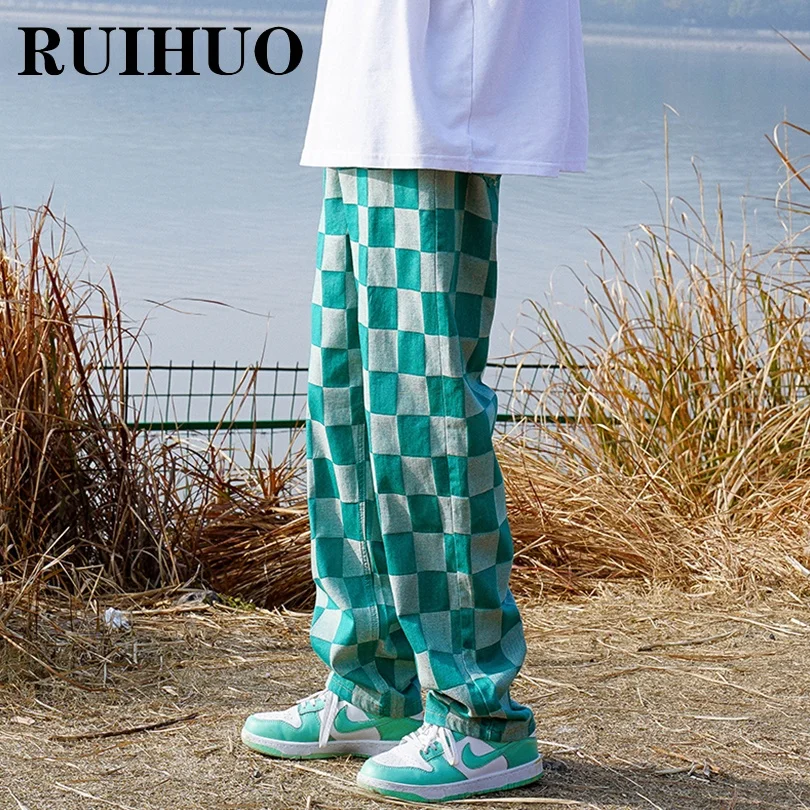 

RUIHUO Plaid Baggy Jeans Men Pants Chinese Size 2XL Cargo Pants Men Fashion Hip Hop Streetwear 2022 Spring New Arrivals