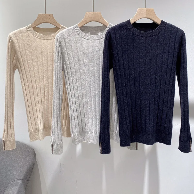 

100% Cashmere Women Cuffs Bead Chain Pit Stripes Solid Color Sweater 2022 Autumn Winter Ladies All-Match Long Sleeve Knit Tops