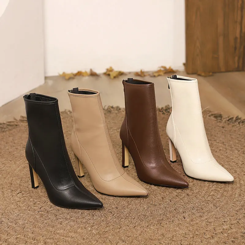 

Nude Apricot Color Pointed Toe Sexy Mature Ladies Shoes Winter Autumn Thin High Heels Stretch American Ankle Boots Size 42 10 43