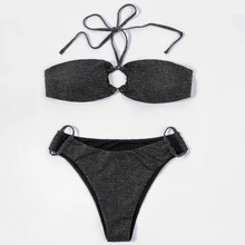 ZTVitality Shiny Black Women Swimsuit Sexy Bikini 2022 New Arrival Halter Padded Bandage Ring Beach Swimwear Brazilian Biquini