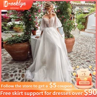 tulle puff sleeves vintage boho wedding dresses sheer back beach princess bride dress sexy v neck vestidos de novia