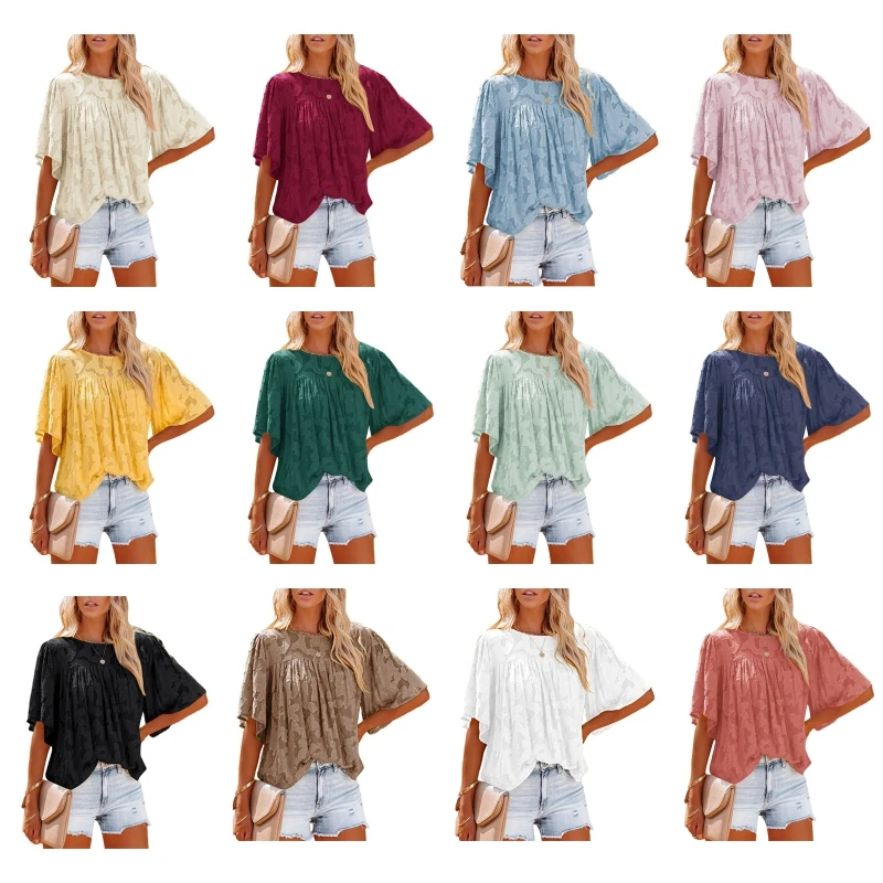 

Women's Floral Textured Babydoll Blouses Crewneck Tops Summer Lace Tops Casual