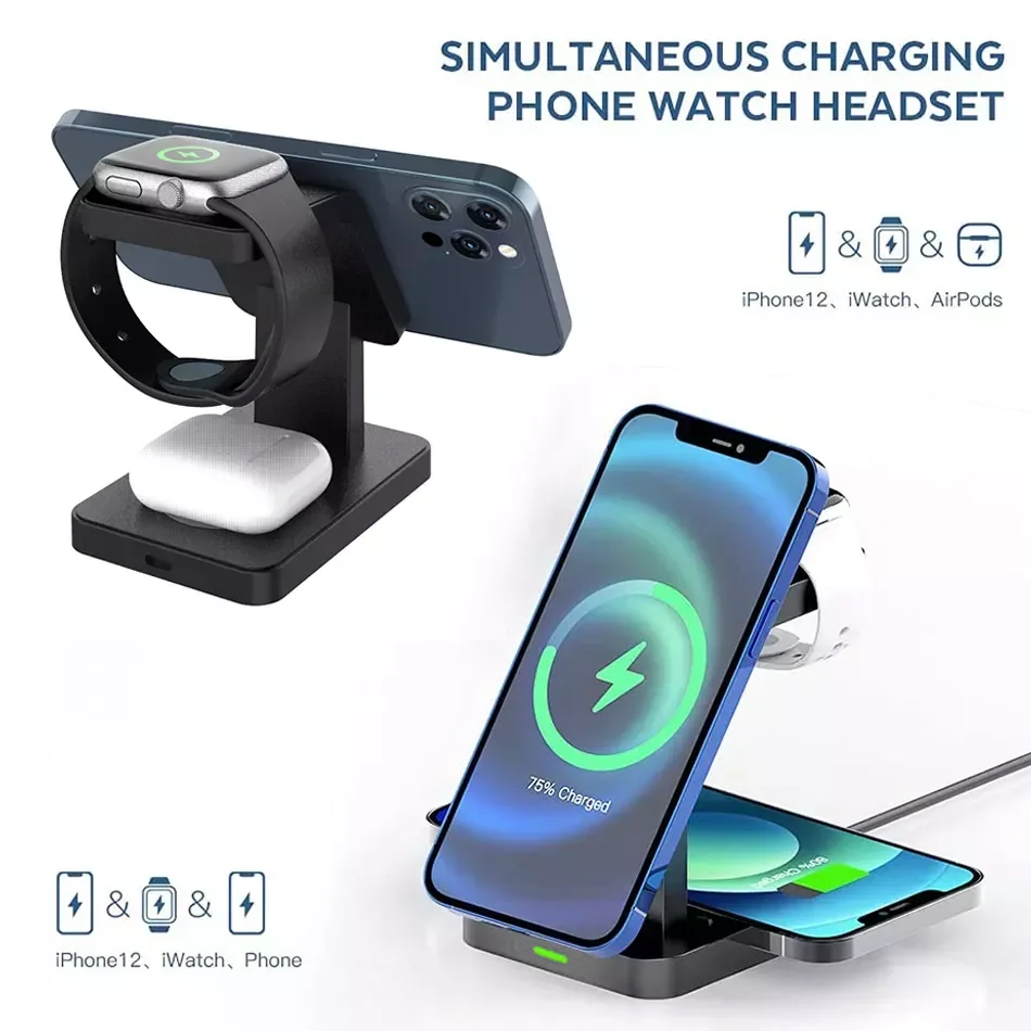 

Wireless Charger Stand 13 12 Pro Max Watch 3 In 1 Qi Fast Charging Dock for airpods Pro 7 6