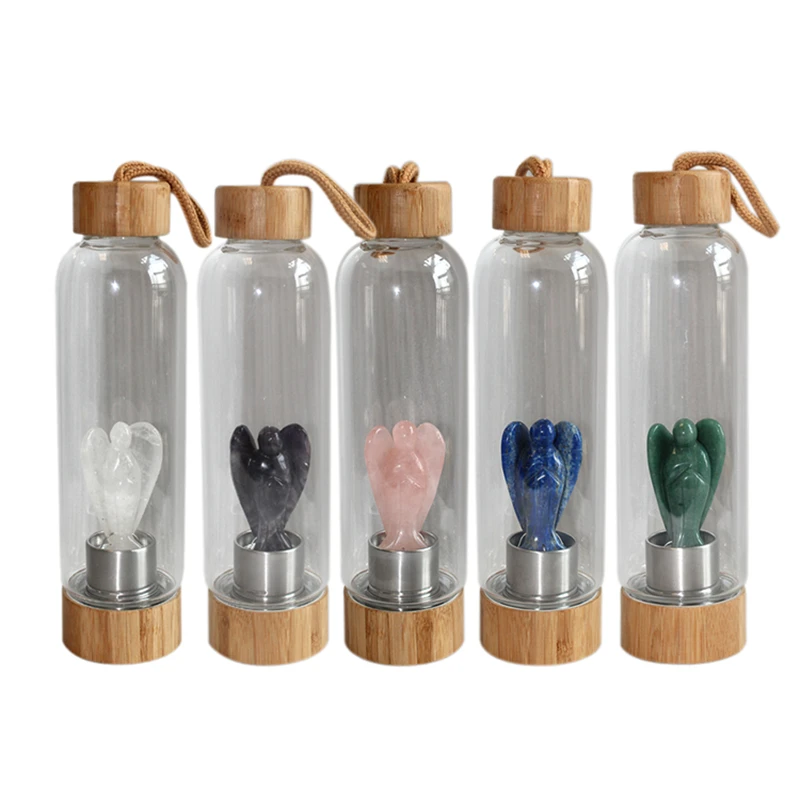 

Natural Crystal 3inch Angel stone glass water bottel Quartz Gemstone Bamboo Glass Elixir Point Hand-Carved Cup wand