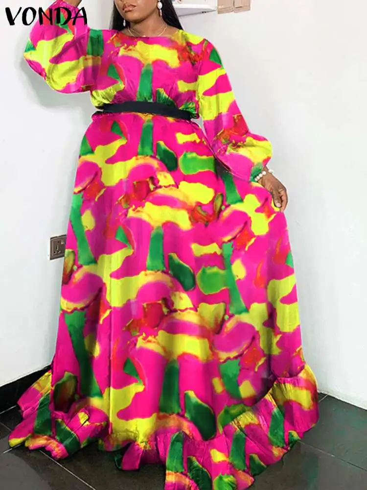 

VONDA Plus Size Bohemian Long Dress Autumn Women Lantern Sleeve Floral Printed Maxi Vestido Casual Belted Ruffled Party Robe 5XL