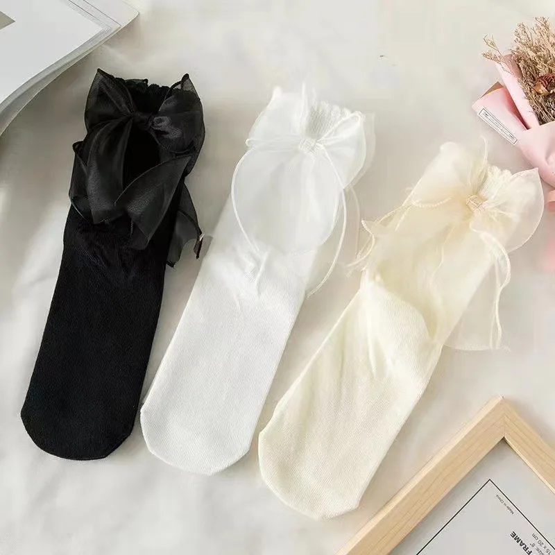 

Kawaii Japanese JK Lolita Ruffle Socks For Women Fashion Cute Mesh Gauze Large Bow Bubble Lace Mid-tube Cotton Princess Socks