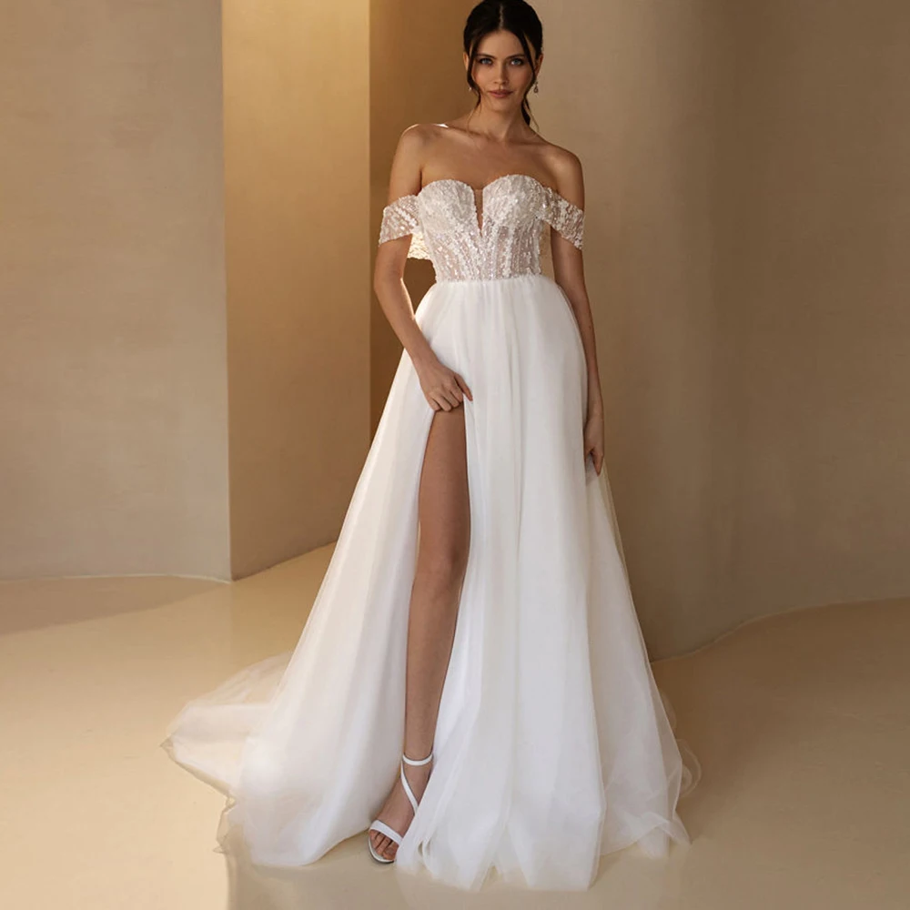 

Sexy Wedding Dresses Sweetheart Beading Off Shoulder Tulle Side Split A-Line Backless Evening Dress For Bride vestido blanco