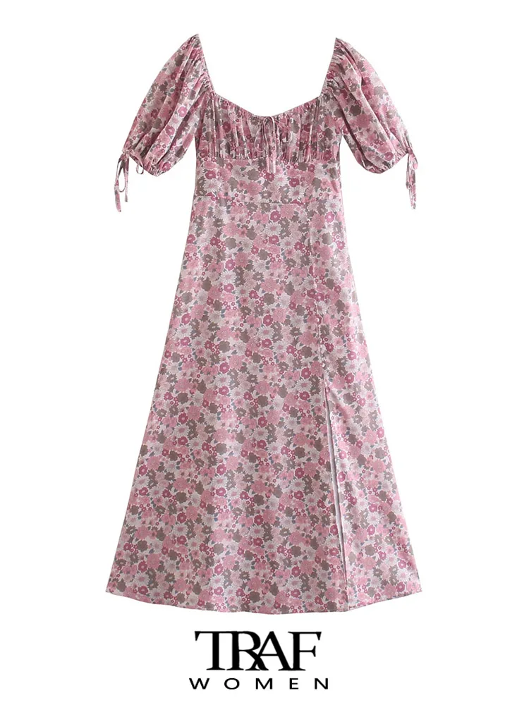 

Платье-миди с цветочным принтом, коротким рукавом и разрезом спереди