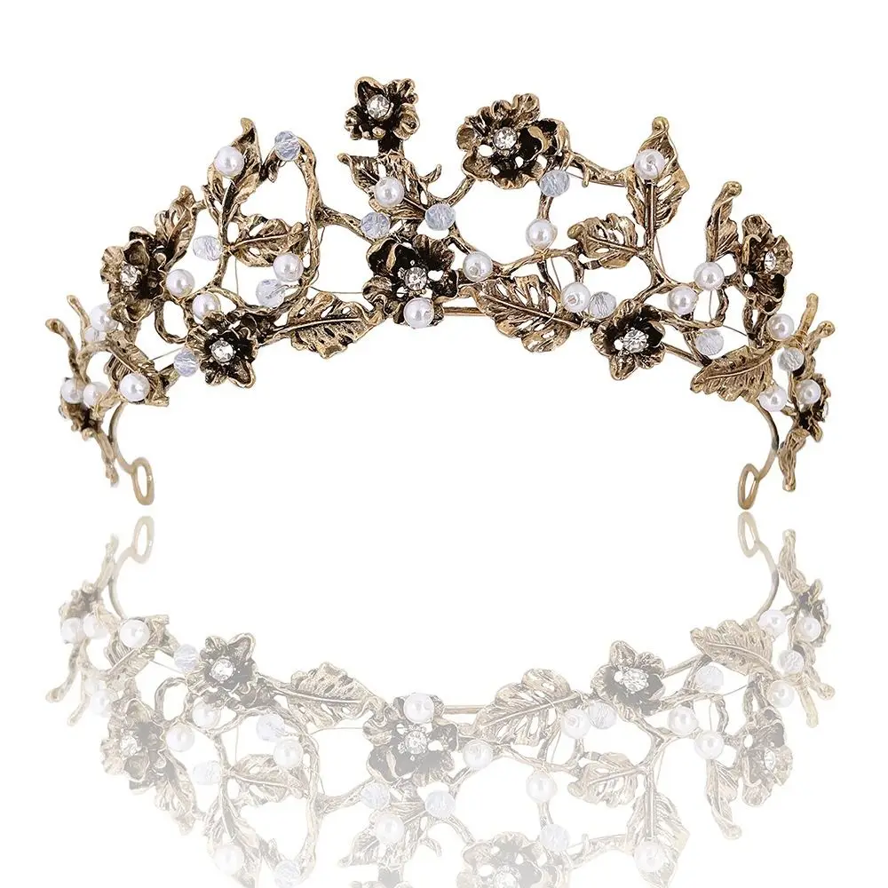 

Baroque Wedding Antique Tiara Bride Headband Crystal Crown Hairbands Bridal Tiaras Pearl Leaf