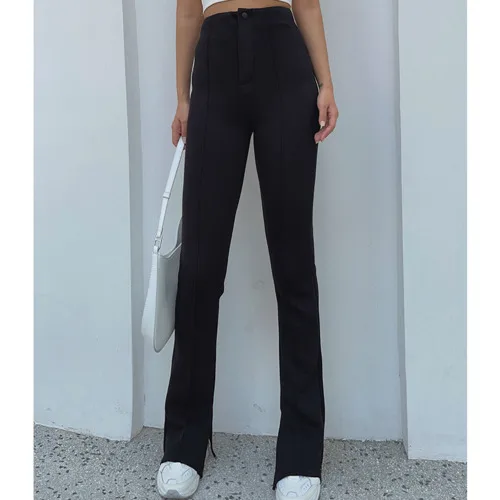 

Брюки женские черные с высокой талией, повседневные штаны с разрезом, тонкие брюки с микро рогом и шваброй для пола