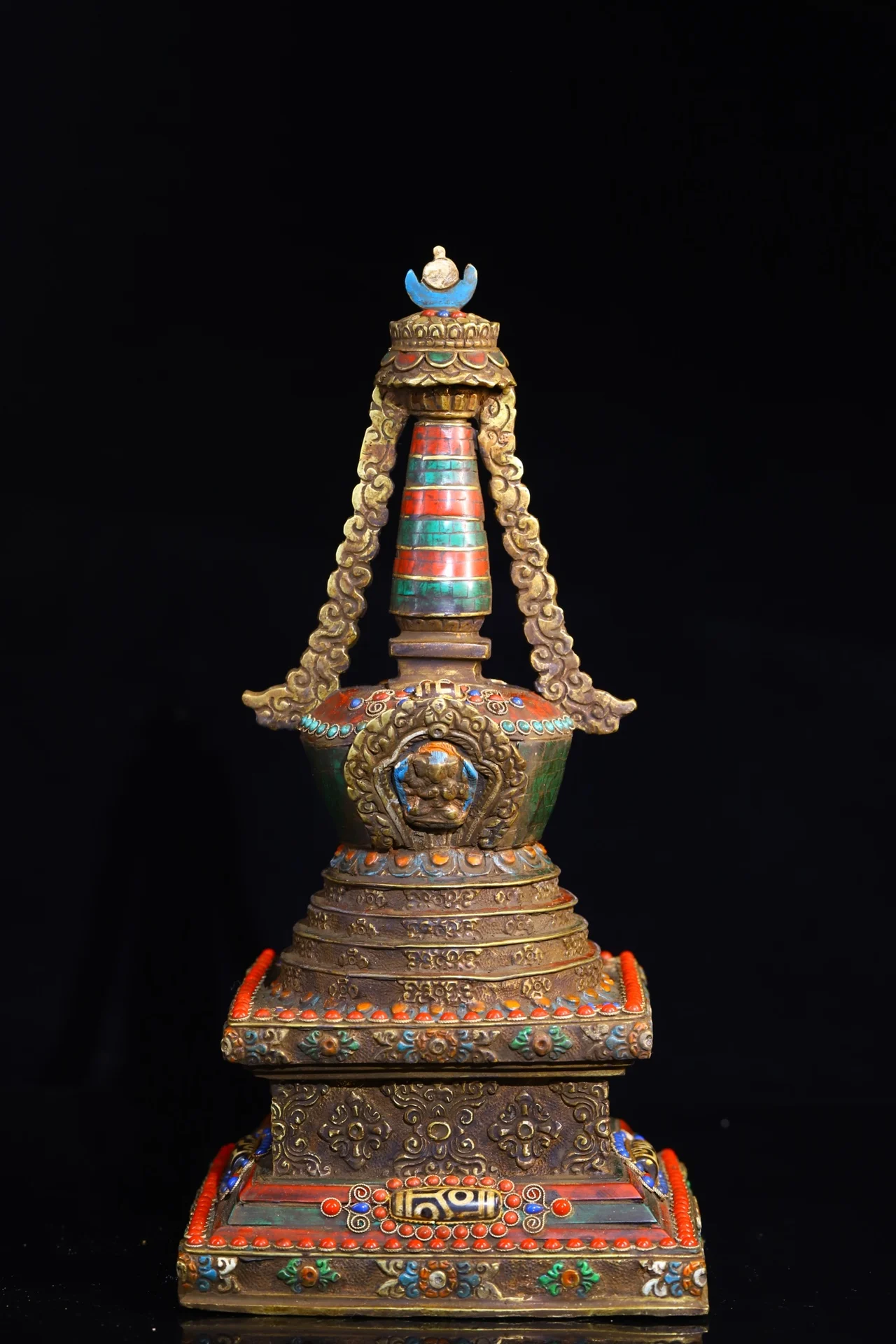 

12"Tibetan Temple Collection Old Bronze Cinnabar Turquoise Mosaic Gem gZi Beads Shakyamuni Pagoda scriptures Stupa Worship Hall