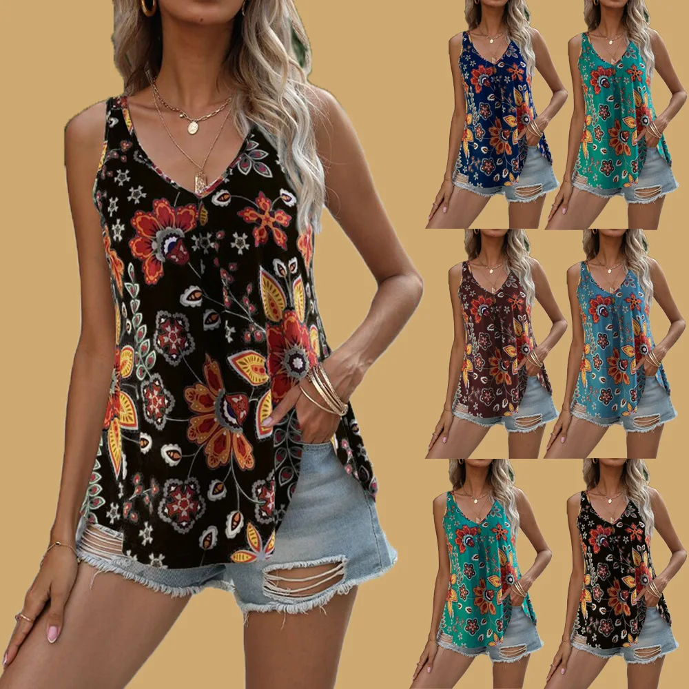 

Ladies Vest T-Shirt Top Multicolor Fashion V-Neck Camisole Women's T-Shirt Elegant Summer High Street Floral Top