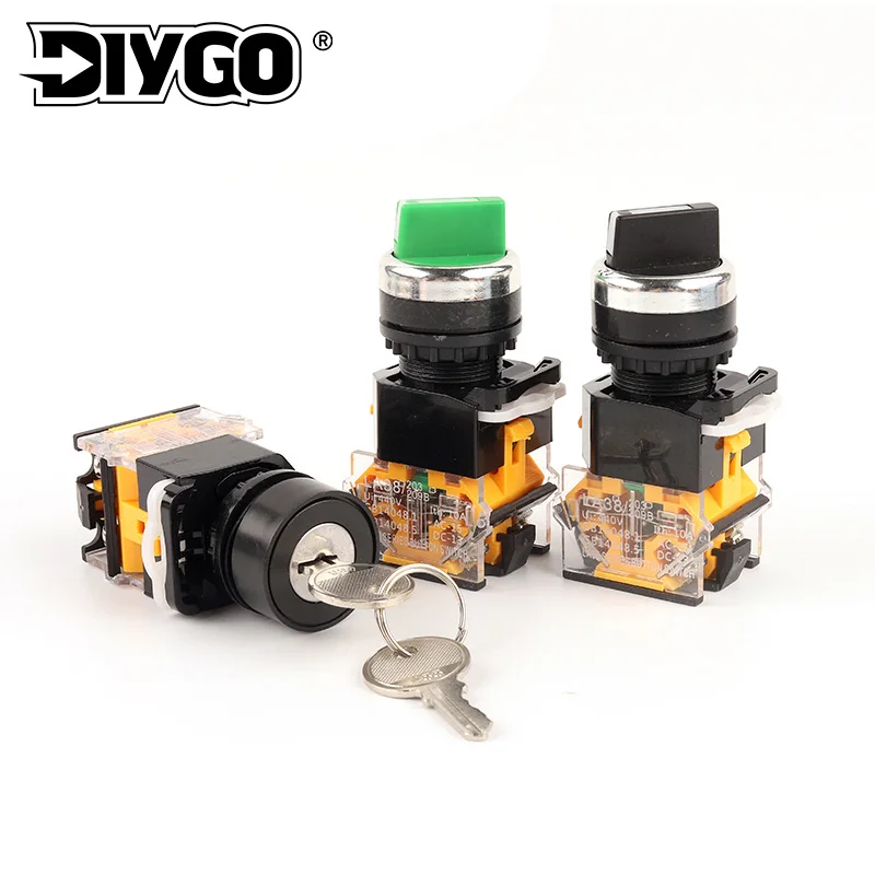 

22mm LAY38 Red Green Black Rotary Switch 2/3 Position Self-locking With Key Knob Switch DPST Self-reset Power Switch